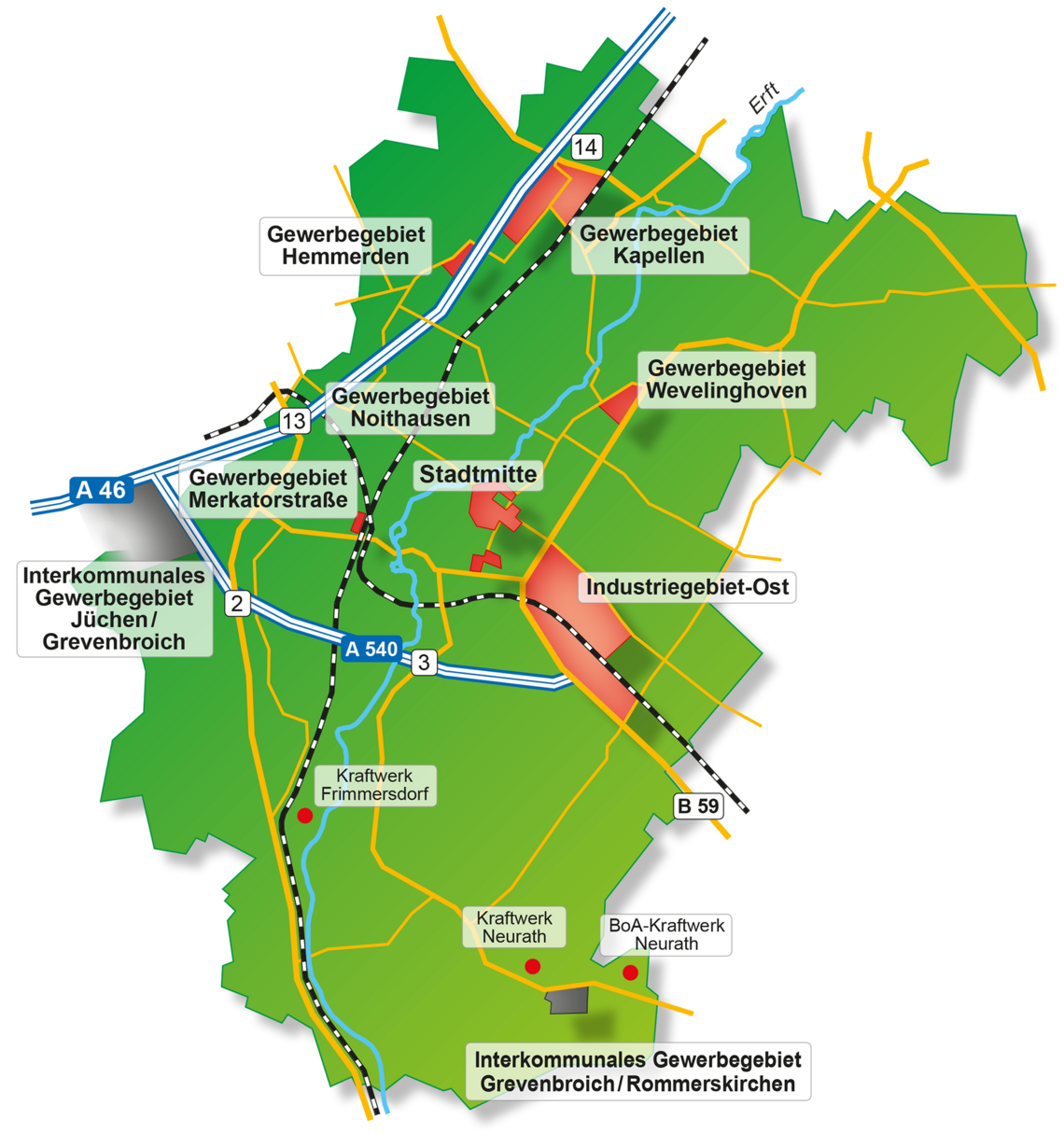 Grafik Plan der Gewerbegebiete im Stadtgebiet Grevenbroich