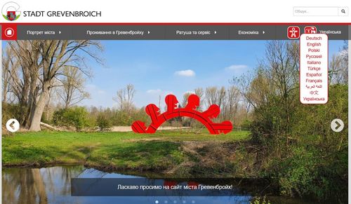 Bildschirmfoto der Grevenbroicher Internetseite mit aktivierter ukrainischer Übersetzung
