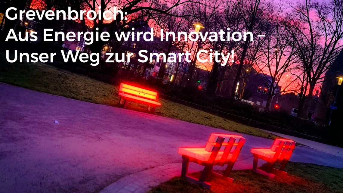 Foto von leuchtenden Bänken im Stadtpark und Slogan-Text