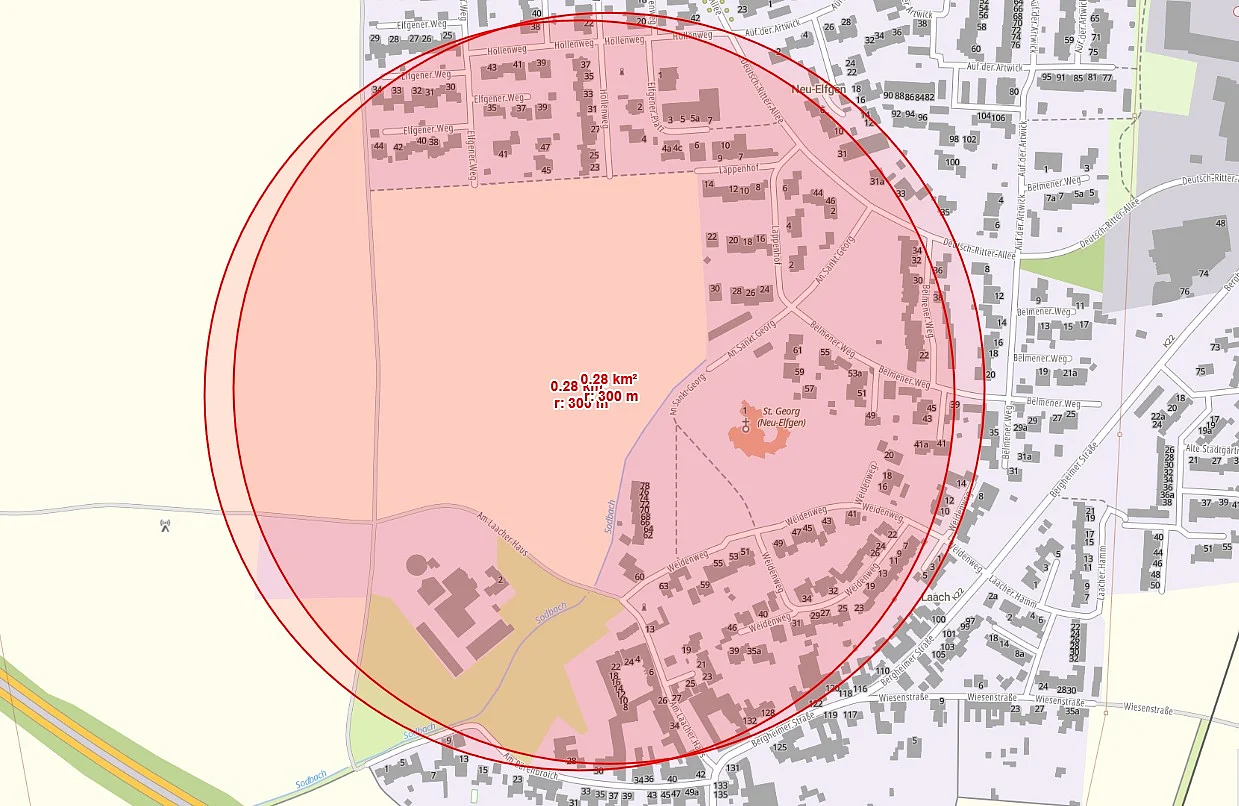 Ausschnitt Stadtplan mit Markierung 300m-Radius