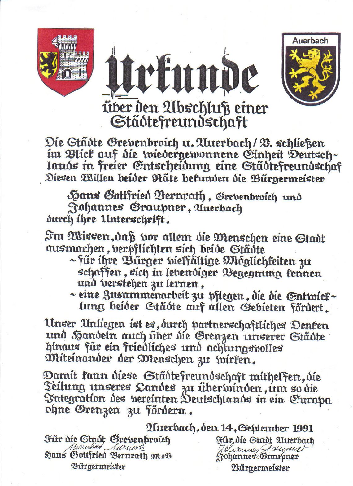 Beurkundung der Städtepartnerschaft Grevenbroich und Auerbach/Vogtland 1991