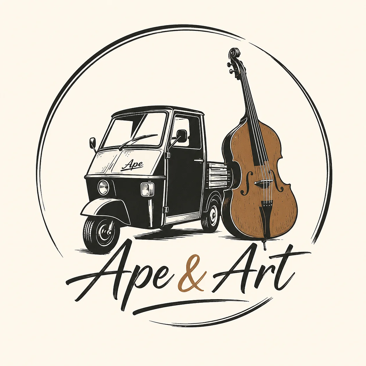 Logo Ape & Art, stilisierte Grafik des Café-Mobils und eines Cellos