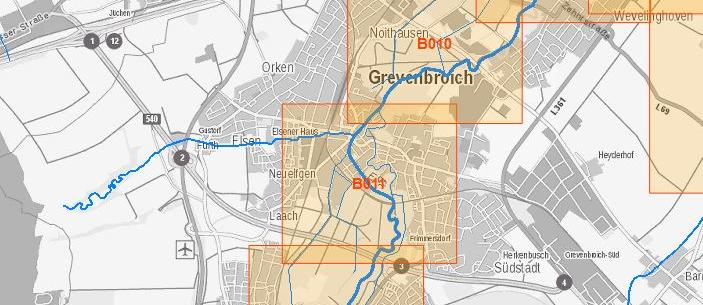 Kartenausschnitt Hochwasserrisikokarte Erft bei Grevenbroich