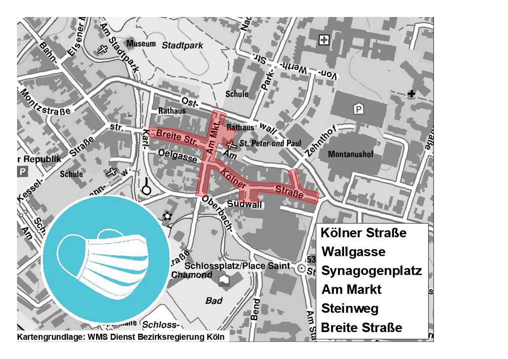 Ausschnitt aus dem Stadtplan mit markierten Straßen auf denen die erweiterte Maskenpflicht gilt