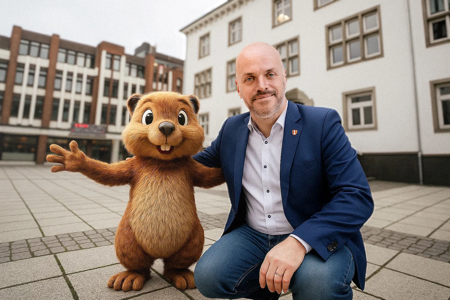 Foto von Beni Biber mit Bürgermeister Klaus Krützen