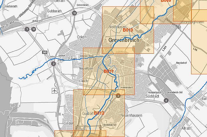 Kartenausschnitt Hochwasserrisikokarte Erft bei Grevenbroich