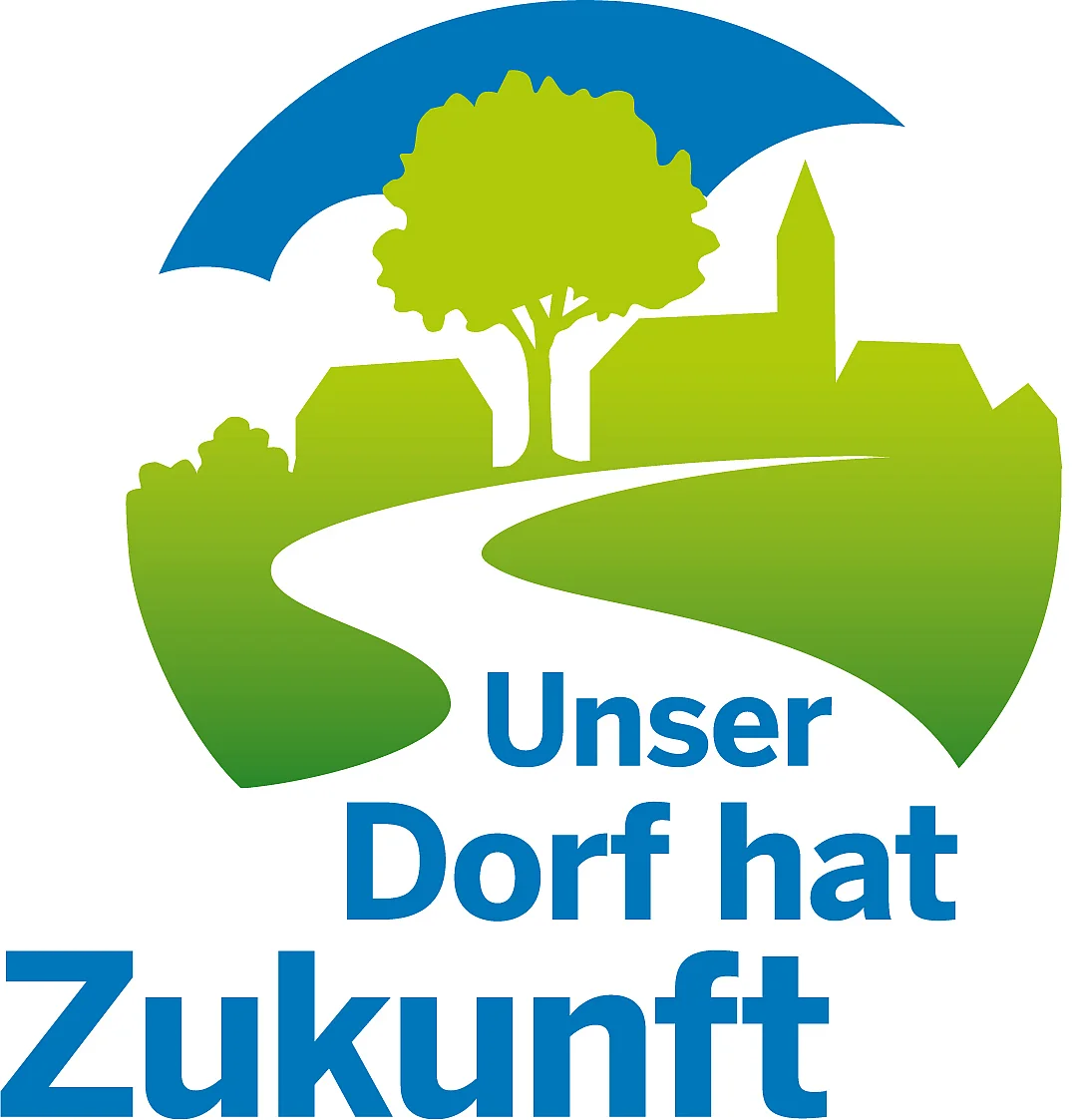 Das Logo des Wettbewerbs "Unser Dorf hat Zukunft" zeigt in den Farben grün und blau ein stilisiertres Dorf und den Schriftzug 
