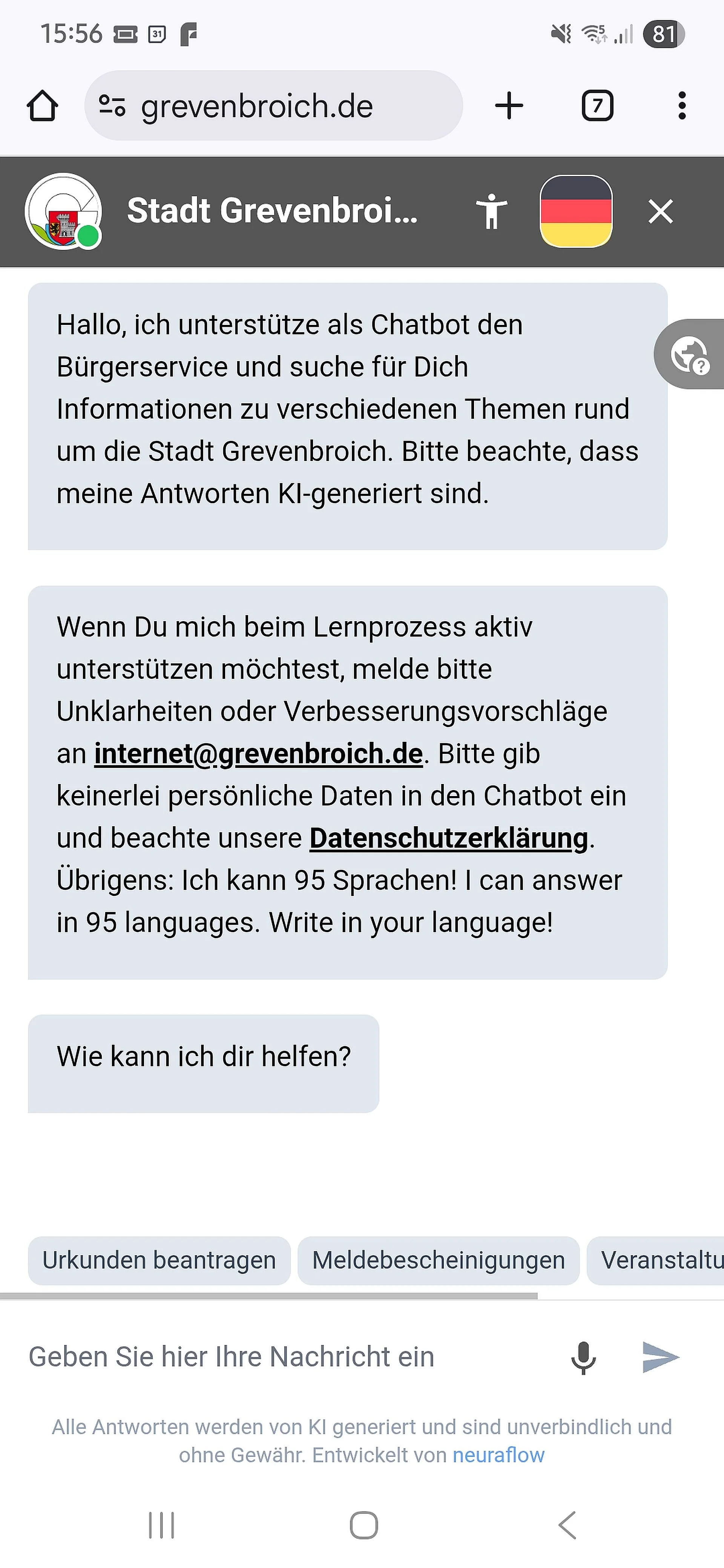 Bildschirmfoto des Chatbots auf einem Smartphone