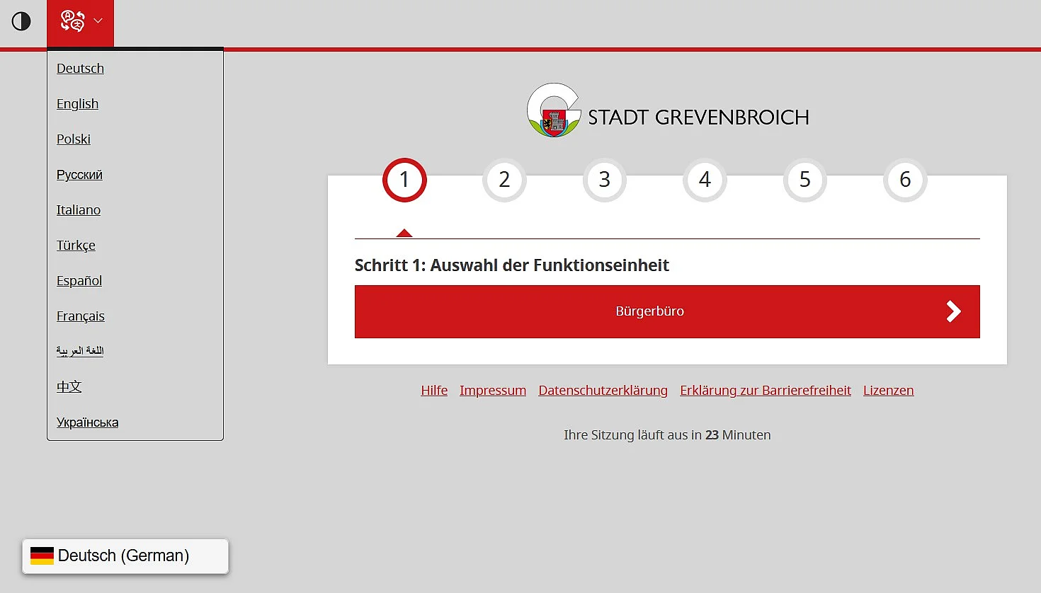 Bildschirmfoto der Online-Terminbuchung